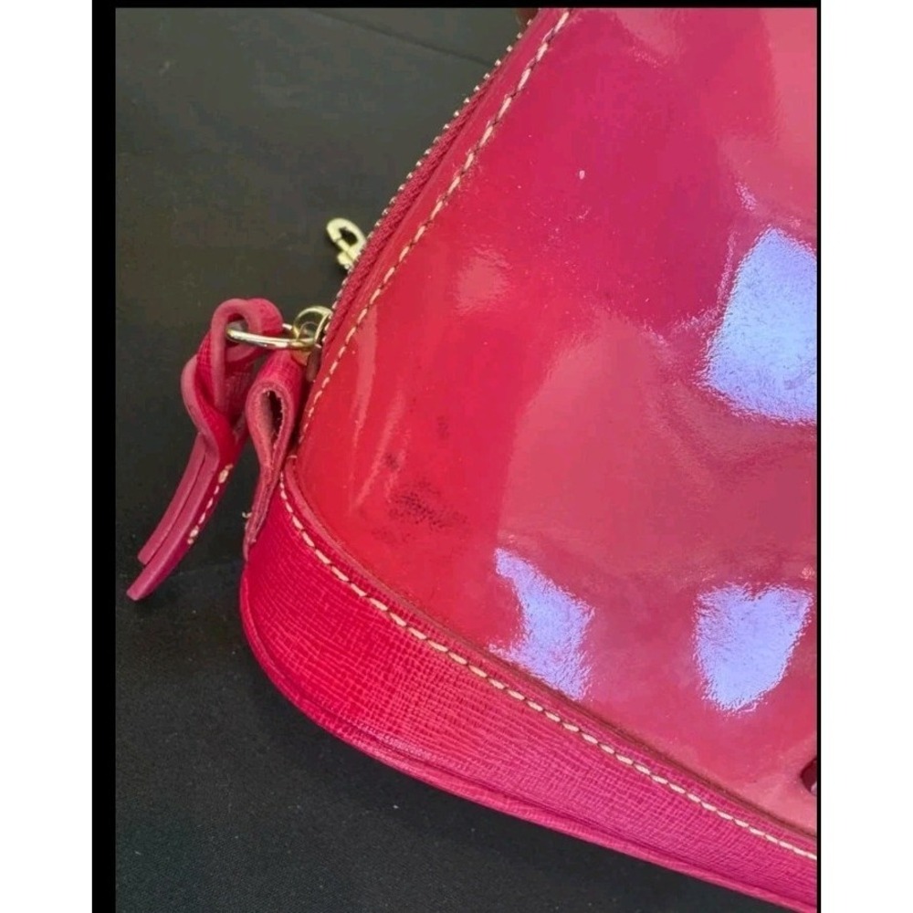 Dooney & Bourke Domed Satchel Hot Pink Patent Leather Natural Trim Zip Closure - Picture 13 of 16